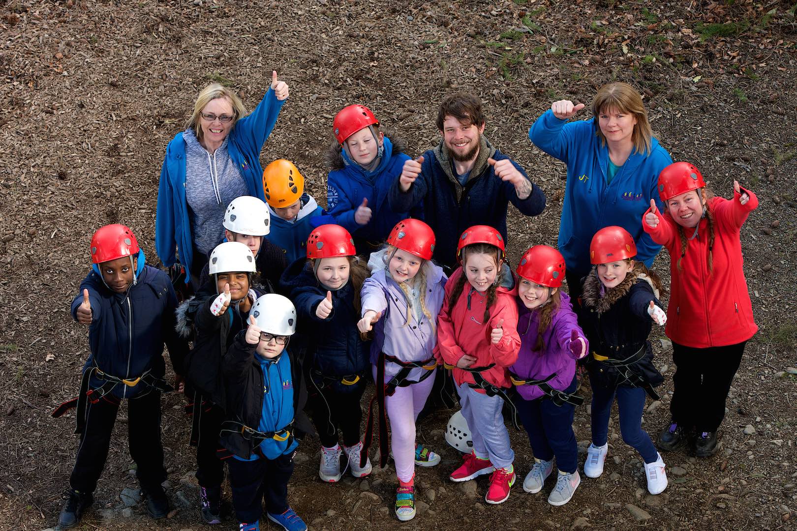 Arial view of a successful primary school team during the big swing activity 