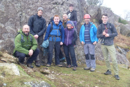 Derwent Hill staff at the base of crag